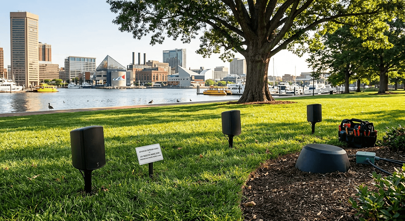 Outdoor loudspeakers mounted beneath trees in a grassy public space — visual reference for upcoming National Aquarium outdoor AV photography
